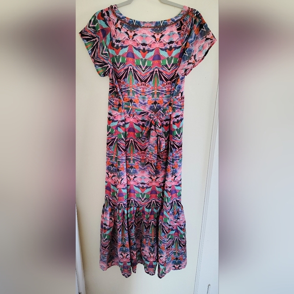 Anthropologie Vanessa Virginia Pink Tiered Boho Beaded Ruffle Mural Maxi Dress 8 - Picture 8 of 9